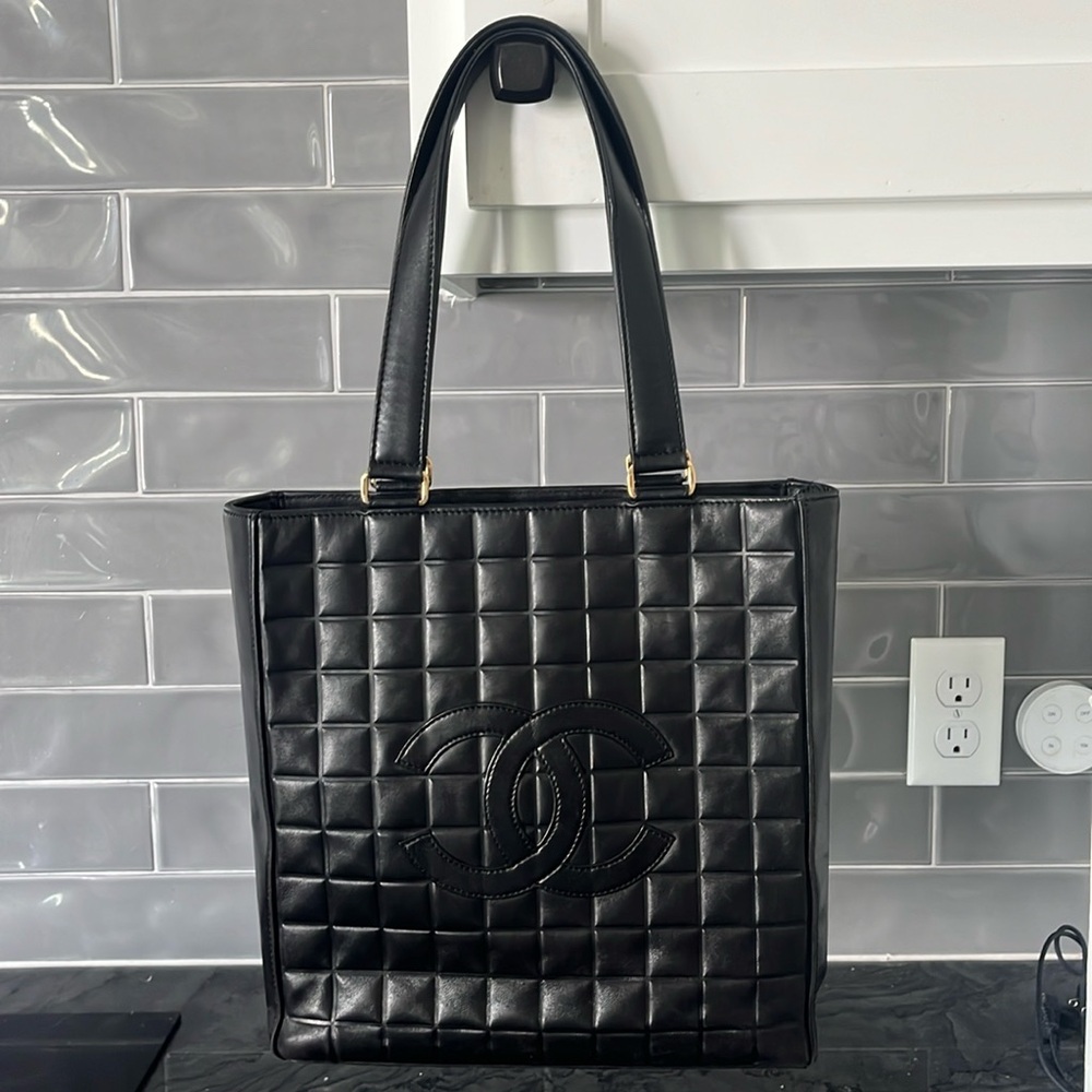 Vintage Chanel Black Quilted Chocolate Bar Tote